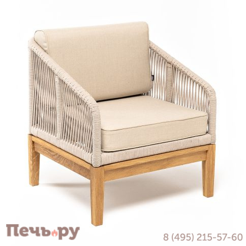 "Канны" кресло плетеное из роупа, основание дуб, роуп бежевый круглый, ткань бежевая 052 фото 3