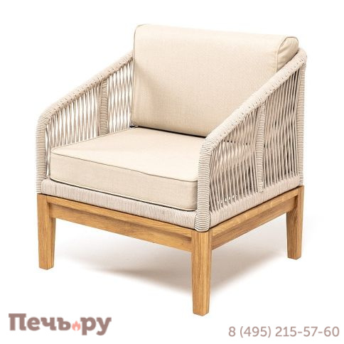 "Канны" кресло плетеное из роупа, основание дуб, роуп бежевый круглый, ткань бежевая 052 фото