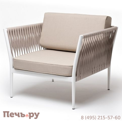 "Касабланка" кресло плетеное из роупа, каркас алюминий белый муар, роуп бежевый 20мм, ткань бежевая 15052 фото