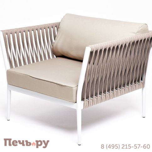 "Касабланка" кресло плетеное из роупа, каркас алюминий светло-серый (RAL7035) муар, роуп серо-коричневый 23мм, ткань бежевая 15052 фото