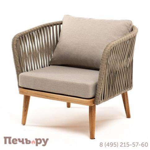 "Мальорка" кресло плетеное из роупа, основание дуб, роуп серо-коричневый 23мм, ткань бежевая 052 фото