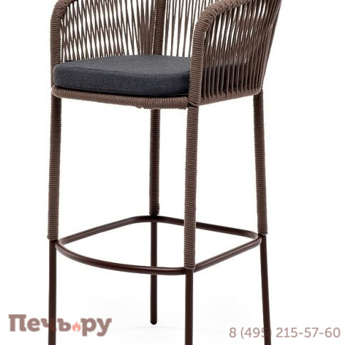 "Марсель" стул барный плетеный из роупа, каркас из стали коричневый (RAL8016) муар, роуп коричневый круглый, ткань темно-серая фото