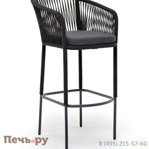 "Марсель" стул барный плетеный из роупа, каркас из стали серый (RAL7022) муар, роуп темно-серый круглый, ткань темно-серая 027 фото 2