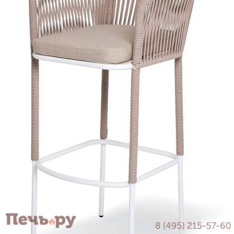 "Марсель" стул барный плетеный из роупа, каркас из стали светло-серый (RAL7035) муар, роуп светло-серый круглый, ткань светло-серая фото
