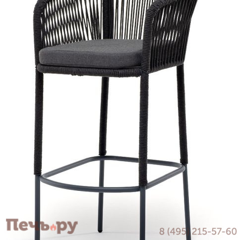 "Марсель" стул барный плетеный из роупа, каркас из стали темно-серый (RAL7024) муар, роуп темно-серый круглый, ткань темно-серая 027 фото