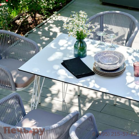 "Марсель" стул плетеный из роупа, каркас алюминий белый муар, роуп светло-серый круглый, ткань светло-серая фото 10