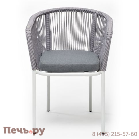 "Марсель" стул плетеный из роупа, каркас алюминий белый муар, роуп светло-серый круглый, ткань светло-серая фото 2