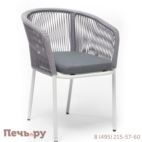 "Марсель" стул плетеный из роупа, каркас алюминий белый муар, роуп светло-серый круглый, ткань светло-серая фото 3