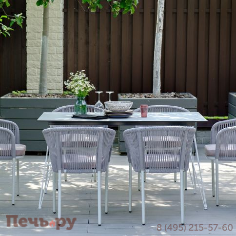 "Марсель" стул плетеный из роупа, каркас алюминий белый муар, роуп светло-серый круглый, ткань светло-серая фото 7