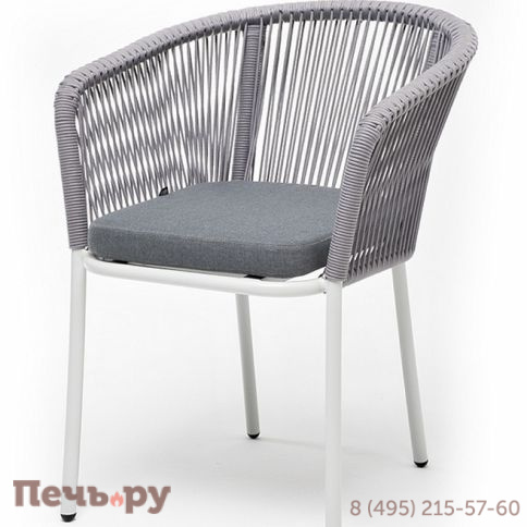 "Марсель" стул плетеный из роупа, каркас алюминий белый муар, роуп светло-серый круглый, ткань светло-серая фото