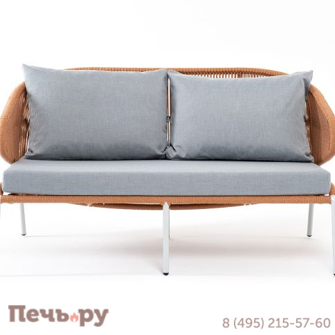 "Милан" диван 2-местный плетеный из роупа, каркас алюминий светло-серый (RAL7035) муар, роуп оранжевый меланж круглый, ткань светло-серая фото 2