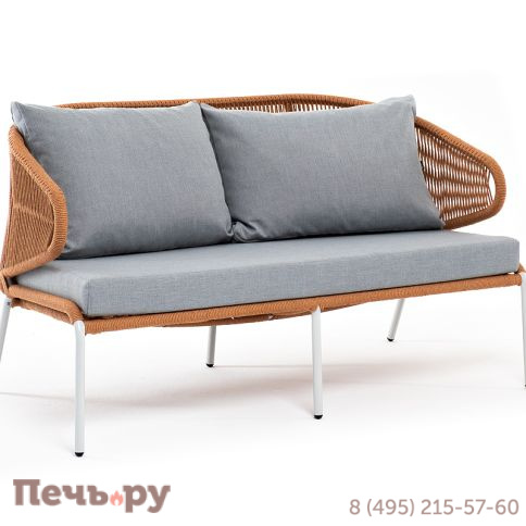 "Милан" диван 2-местный плетеный из роупа, каркас алюминий светло-серый (RAL7035) муар, роуп оранжевый меланж круглый, ткань светло-серая фото 3