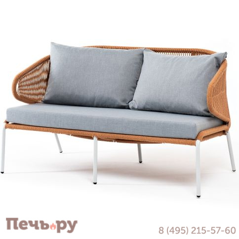 "Милан" диван 2-местный плетеный из роупа, каркас алюминий светло-серый (RAL7035) муар, роуп оранжевый меланж круглый, ткань светло-серая фото