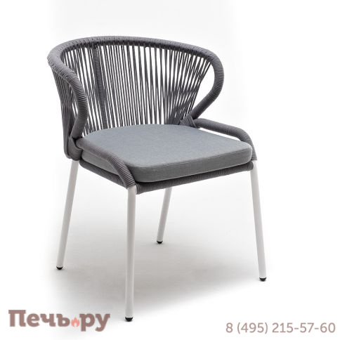 "Милан" стул плетеный из роупа, каркас алюминий белый муар, роуп светло-серый круглый, ткань светло-серая фото 3