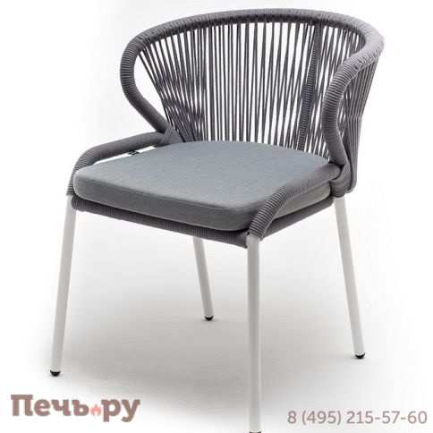 "Милан" стул плетеный из роупа, каркас алюминий белый муар, роуп светло-серый круглый, ткань светло-серая фото