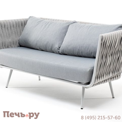 "Монако" диван 2-местный плетеный из роупа, каркас алюминий светло-серый (RAL7035) муар, роуп светло-серый 40 мм, ткань светло-серая фото