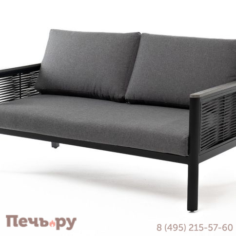 "Сан Ремо" диван 2-местный плетеный из роупа, каркас алюминий темно-серый, роуп серый, ткань серая фото