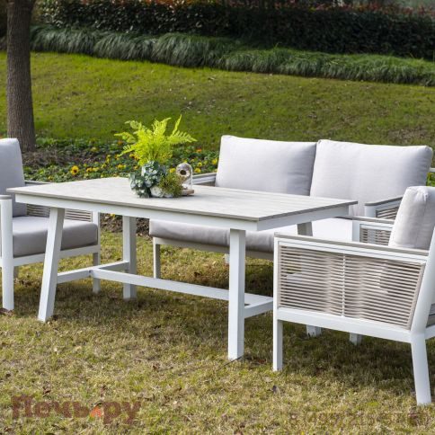 "Сан Ремо" кресло плетеное из роупа садовое, каркас алюминий белый, роуп бежевый, ткань бежевая фото 8