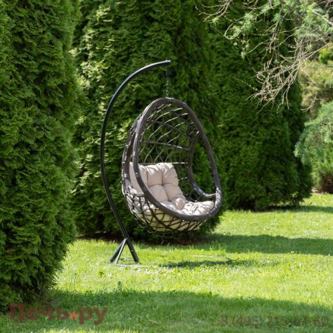 "Венеция" подвесное кресло-кокон из искусственного ротанга, цвет серый с бежевой подушкой фото 3