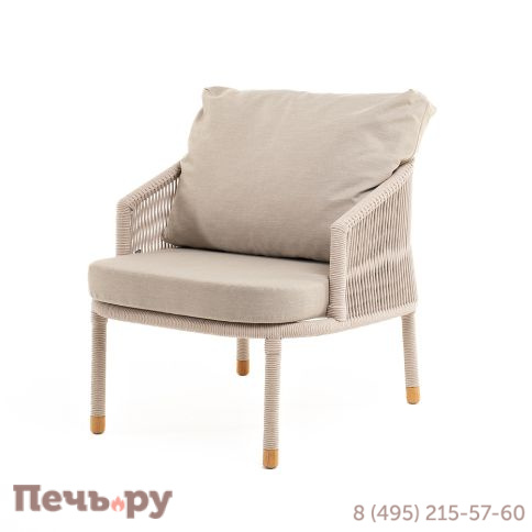 "Верона" кресло плетеное из роупа, каркас алюминий белый муар, роуп бежевый круглый, ткань бежевая 052 фото