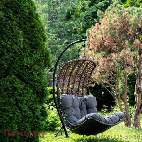 "Виши" подвесное кресло-кокон из искусственного ротанга, цвет коричневый с серо-коричневой подушкой фото 4