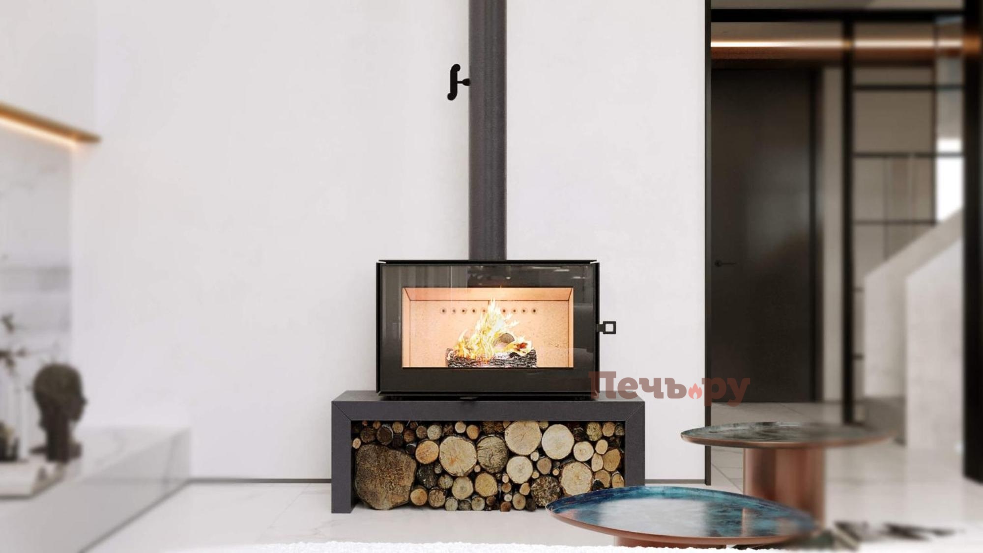 Печь камин Астов Куб 800 на подиуме видео Печь камин Астов Куб 800 на подиуме видео