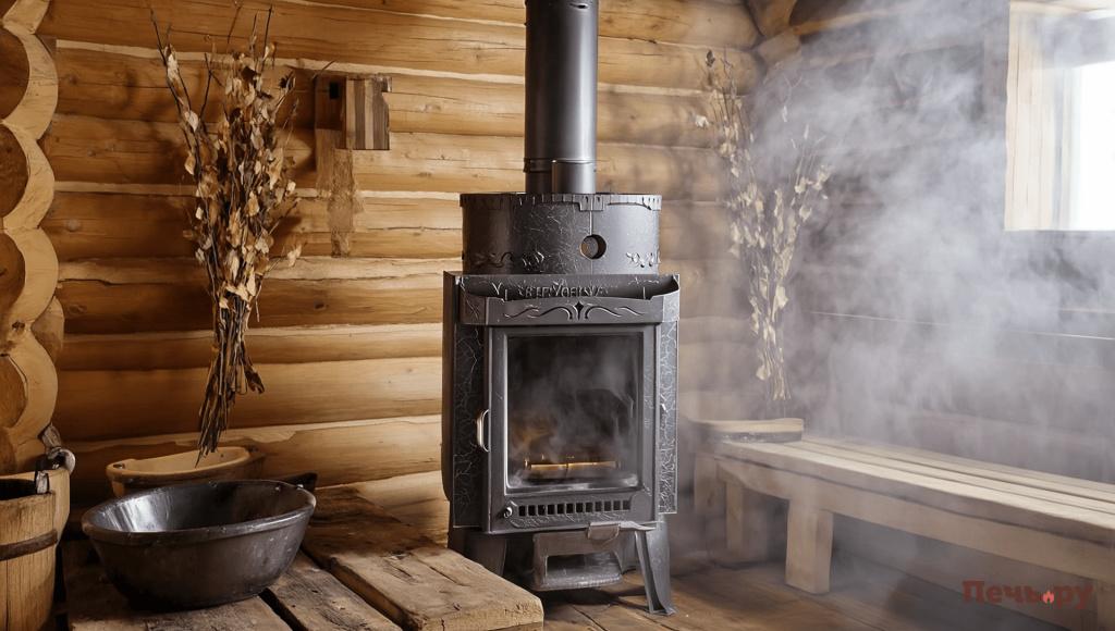Ферингер Оптима ПФ Gen4 Печь стоит в деревенской бане рядом лавка веники вокруг пар и окошко и тазики 2780532554.jpg