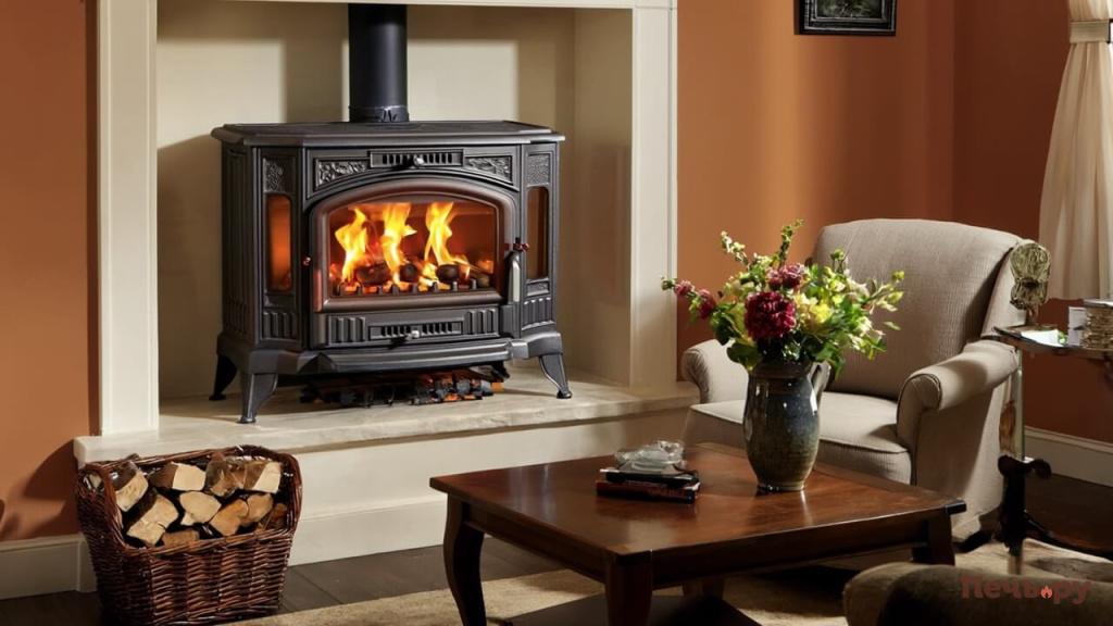 Kratki Koza Gen4 печь встроена в нишу в стене в комнате отдыха рядом стоит кресло кофейный столик ваза 19750491 (1).jpg